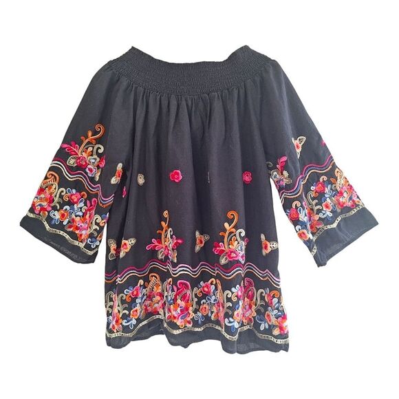 Colorful Bright Embroidered Cotton Blouse Top Smocked Off Shoulder Black XXL 2X - Picture 2 of 14